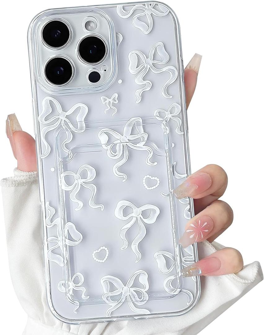 NITITOP Compatible with iPhone 16 Pro Max Case Clear with Card Holder Cute Bow Knot Pattern for Women Girls Bowknot Ribbon Soft TPU Shockproof Wallet Case Protective Phone Cover - White