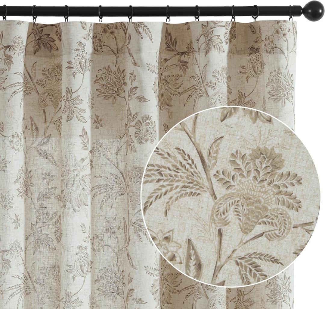 jinchan Linen Floral Curtains for Living Room with Printed Flower 63 Inches Long Light Filtering French Country Back Tab Rod Pocket Taupe Window Curtain Set Farmhouse Drapes 2 Panels Taupe