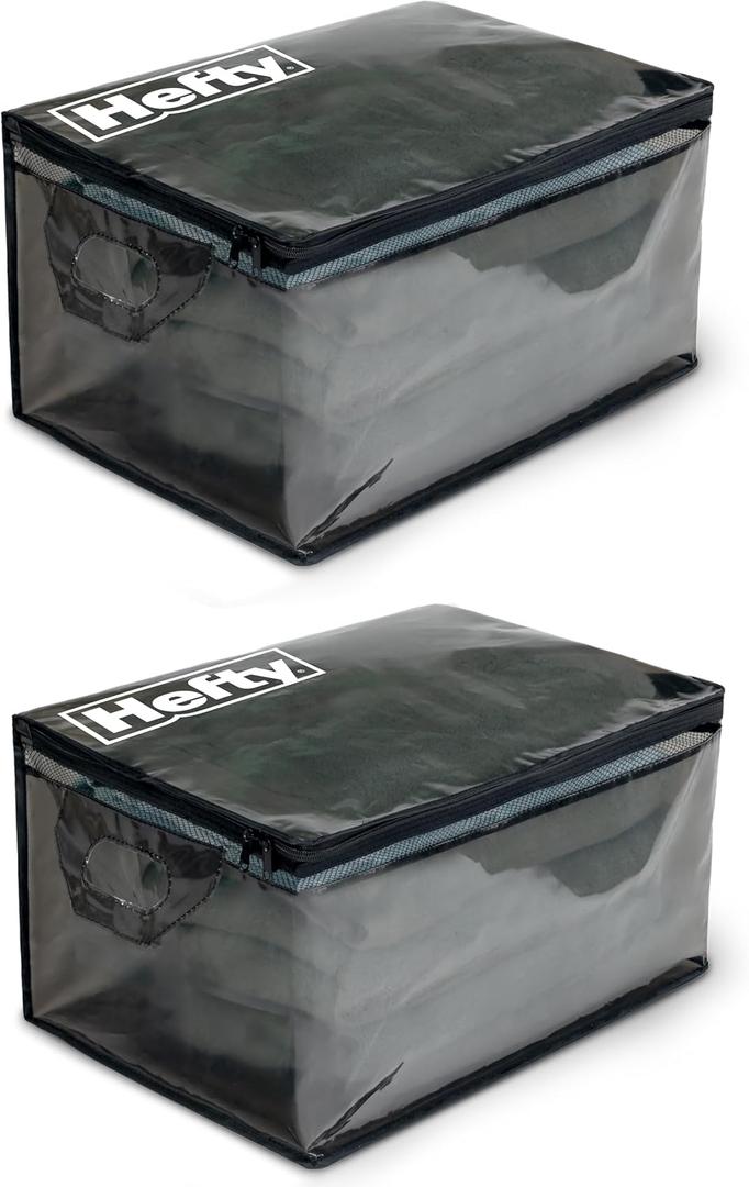 Hefty Large Flexible Tote with Breathable Mesh, Double Zipper, 2 Handles Ideal for Moving or Clothes & Apparel Storage, Alternative to Plastic Bin, Organizer or Container 2 Pack
