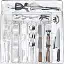 Silverware Drawer Organizer, Expandable Utensil Tray for Kitchen, Clear Plastic Cutlery Flatware Holder, Adjustable Storage Divider for Cooking Tools Forks Knives Spoons, 9 Slot