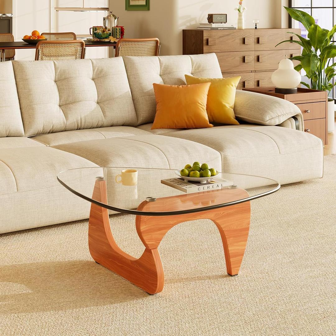LUCKIIA Coffee Tables Glass Small Farmhouse Coffee Table Mid-Century Modern Wood Center Table for Living Room, Walnut Transparent, 32 Inch