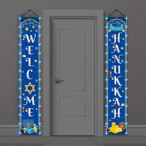 2 Pcs Happy Hanukkah Banner with Light Hanukkah Chanukah Hanging Porch Banner Welcome Sign Indoor Outdoor Jewish Judaism Synagogue Chanukah Home Party Decor