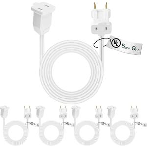 Kanayu 5 Pack 9 ft White Indoor Extension Cord 2 Prong Electric Cord Extender, Wire Plug in and End, Ac 120 Volts, for Outdoor Christmas Connect or Extend String Lights