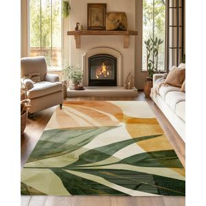 Boho Tropical Leaves Washable Living Room Area Rug, Low Profile Abstract Pattern, Non-Slip Backing Carpet for Kitchen, Bedroom, Dining Room (7'1" x 5' (Rectangular))