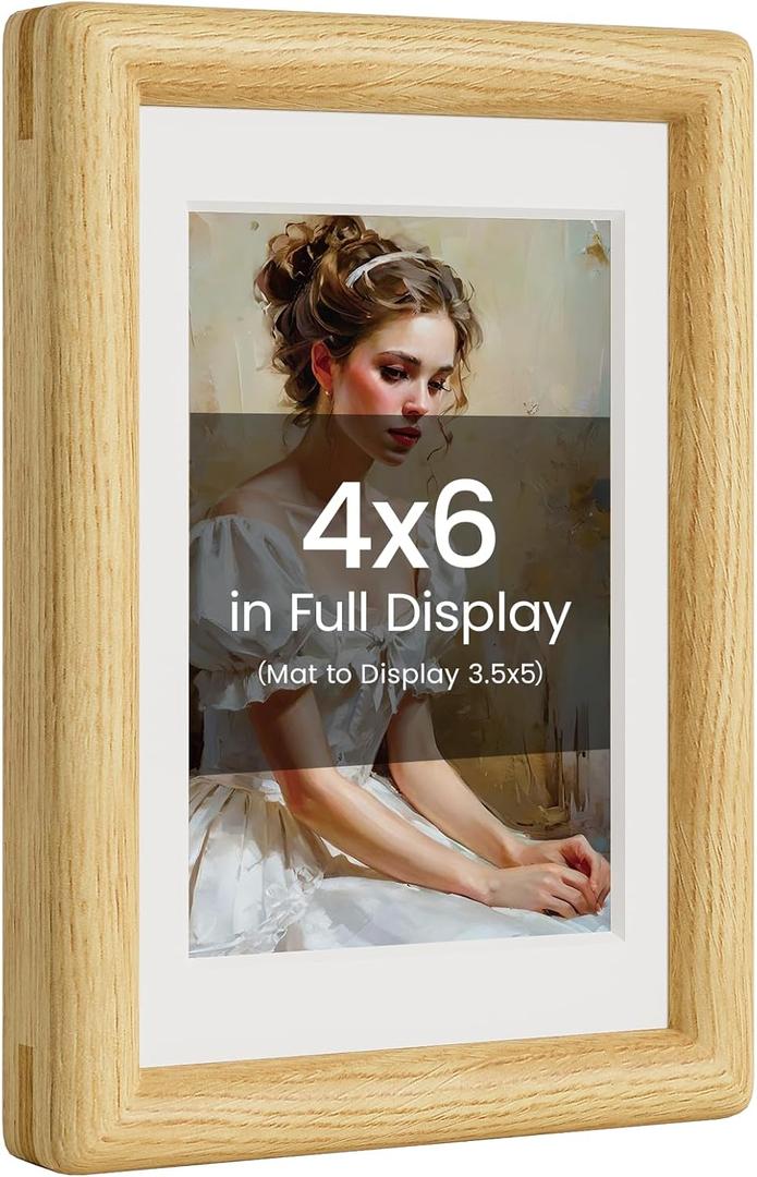 4x6 Picture Frame Natural Oak Wood From California-USA with Real Tempered Glass, Handcrafted 4 x 6 Photo Frame Matted to 3.5 x 5 Wedding Photo,Family Picture,Graduation Picture Display on Table & Wall