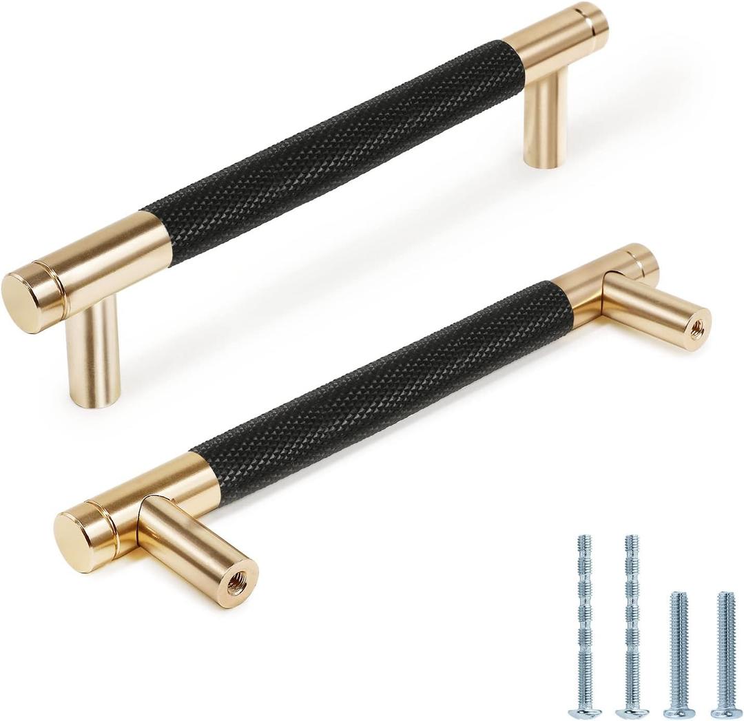 Knurled Cabinet Pulls 6 Pack, 6 Inch Long Cabinet Handles Metal Door Pulls, Kitchen Drawer Pull Knurled Dresser Handles - 5" Hole to Hole, Black & Gold