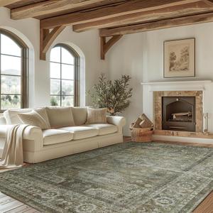 9x12 Area Rugs for Living Room Bedroom, Machine Washable 9x12 Thin Chenille Rug, Print Vintage Tribal Aesthetic Carpet, Low Pile Mat with Non Slip Rubber Backing, Distressed Sage (9' x 12' (Rectangular), Green/Olive)