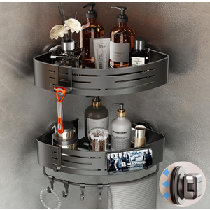 Voldra Corner Shower Caddy Suction Cup, 2 Pack Corner Shower Shelves No Drilling, Aluminum Upgrade Suction Cup Shower Organizer with Towel Bar & Hooks Removable Bathroom Storage Rack(Gray)