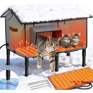 Upgraded 100% Weatherproof Large Heated Cat House for Outside Cat with Cozy Cushion &Safe Escape Door,Gable Roof Design, Insulated Outdoor Cat Shelter with Soft Heater for Feral Barn Cat Kitty (Grey)