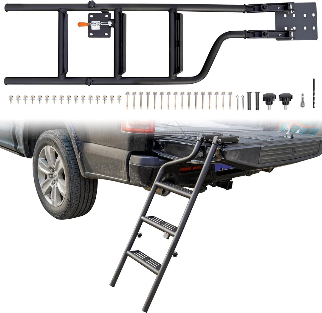 Universal 45" Foldable Pickup Truck Tailgate Ladder, Heavy Duty Folding Tailgate Step Ladder with Lock Device Universal Fit for Pickup Truck (F250, RAM 2500 etc.) Accessories