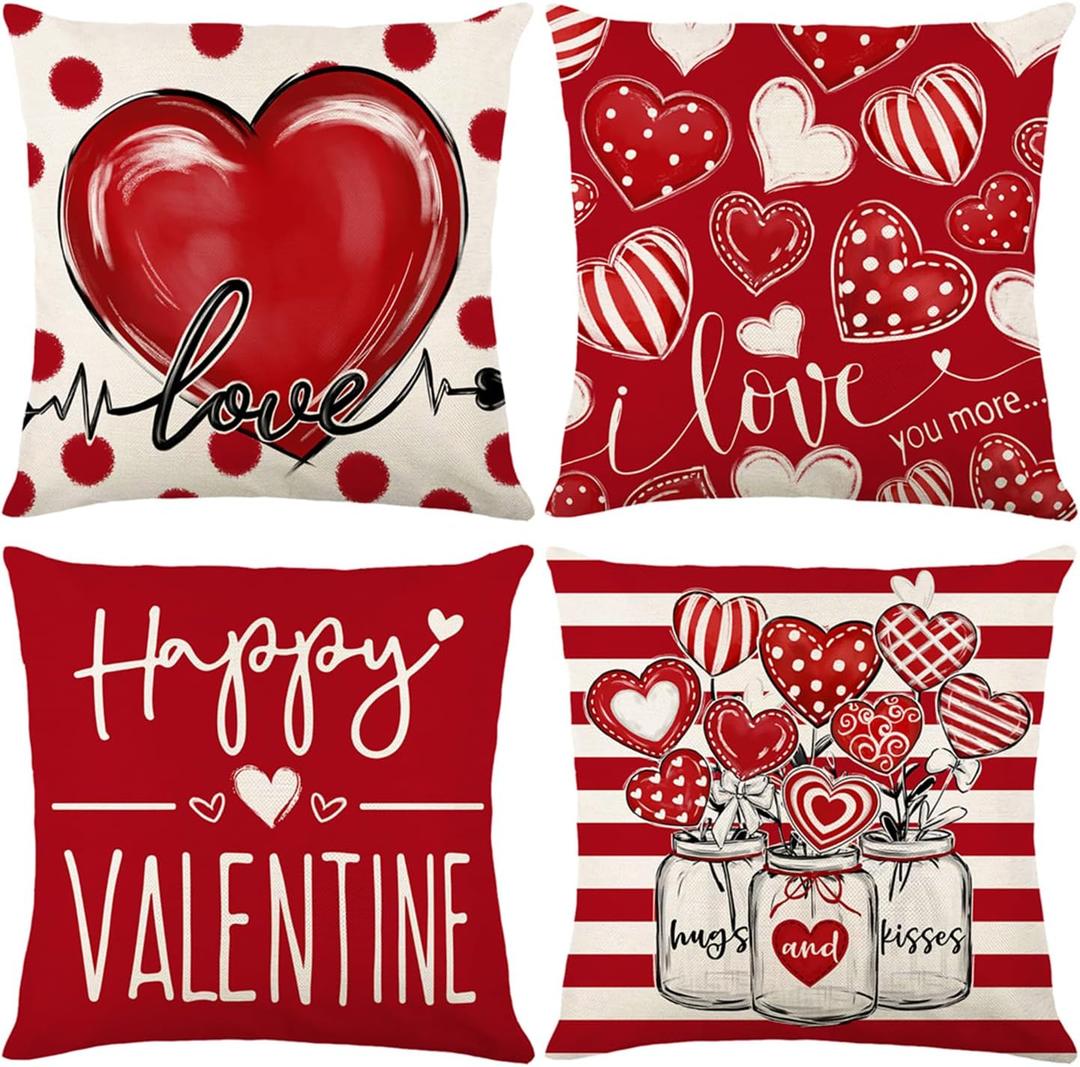 ONFAON Valentines Day Decorations- Throw Pillow Covers 18x18 in Set of 4Love Heart Pillow Covers Farmhouse Valentines Day Decor for Couch Home Outdoor