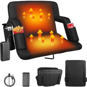 Heated Stadium Seats for Bleachers with Back Support 20 Inch Bleacher Chair with 20000mAh Batter3 Levels Heating Stadium Chair with 6 Reclinng Positions 3 Pockets Portable Waterproof (1, 20inch) (Black 1 Pcs)
