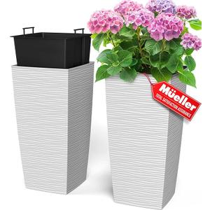 Mueller M-Resin Heavy Duty Tall Planters for Outdoor Plants, Indoor Grande Plant Pots, Boxes, Trees, Flower Pots, 2-Piece Set, 24, Modern Design, Built-in Drainage, Front Porch Decor, Mocha