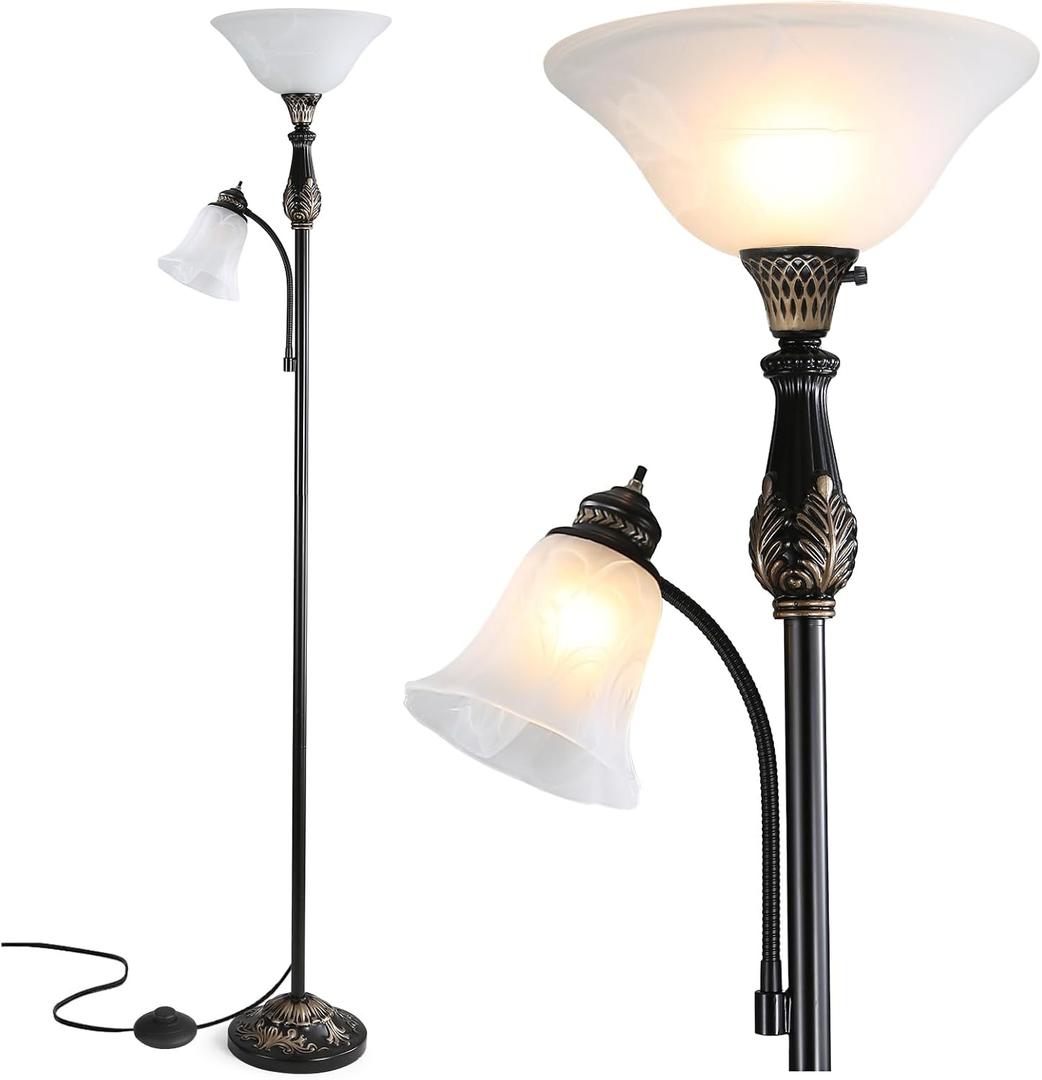 Torchiere Floor Lamps for Living Room & Bedroom, 71" Vintage Victorian Floor lamp with Reading Light, Tall Corner Standing Farmhouse Lamp for with Glass Shade Home Office Decor, Black
