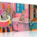 Framed Funky Bathroom Animal Wall Art set of 3, Tiger Leopard Zebra in Bathtub pictures Wall Decor, Pink Kitsch Aesthetic Animal Eclectic Posters Print Artwork for Restroom Bathroom