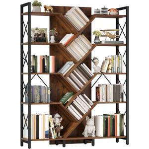 YITAHOME Industrial Tree Bookshelf, Large 5 Tier Bookcase Tall Standing Book Shelves Organizer Display Rack for Living Room Home Office, Rustic Brown (11.8"D x 55.1"W x 70.8"H)