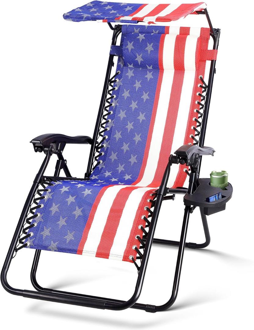 Colorsoul Zero Gravity Chair, Folding Outdoor Recliner, Adjustable Patio Lounge Chair with Canopy Shade, Side Cup Holder Tray, Removable Headrest, for Lawn, Beach, Support 400lbs, (American Flag), Single Pack