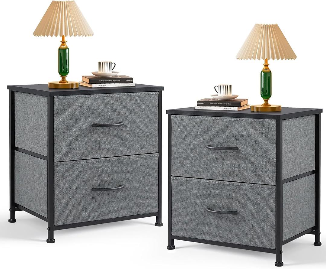 Nightstand Set of 2, Small 2 Drawer Dresser End Table Bedside Furniture, Wooden Top Fabric Bins for Bedroom, Closet, Entryway, Dorm, 11.8" D x 18" W x 20", Gray