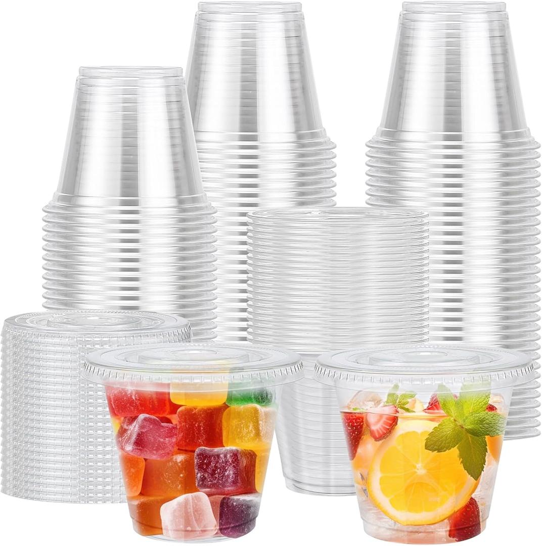 Lamosi 100 Pack 9 oz Clear Plastic Cups with Lids, Disposable Cups with Flat Lids No Hole, Ideal for Ice Cream, Cold Drinks, Fruit, Dessert, Yogurt Parfait