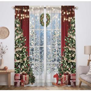 Allenjoy Christmas Window Curtain Winter Xmas Tree Glitter Bokeh Print Curtains Home Decor Rod Pocket Darkening Drapes for Bedroom Living Room 82 in x 84 in