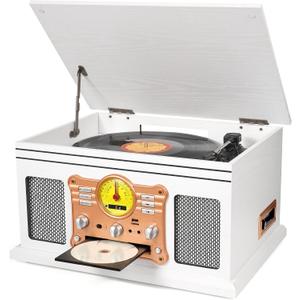 10 in 1 Vintage Bluetooth Record Player Turntable with Built-in Speakers, Vinyl Turntable CD Cassette Player & AM/FM Radio Combo Multimedia Center, USB Recording, RCA Out AUX in, White Wood (White Rose Gold)