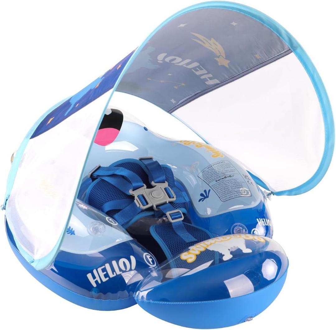 Swimbobo Infant Pool Float with Sun Canopy Inflatable Baby Swimming Floatie with Sponge Safety Bottom Support Water Toys Swim Trainer(Blue Monster,Large)