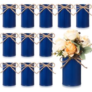 Rustic Vase for Table Centerpieces 4.33 Inch Small Petite Flower Vase with Twine Bow Vintage Farmhouse Decor for Wedding Reception Dining, Home Galvanized Metal Buckets(Dark Blue,12 Pcs)