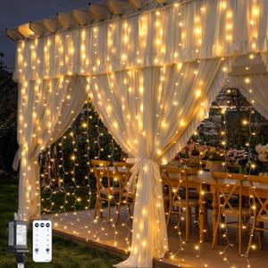 JMEXSUSS 600 LED Curtain Lights Outdoor, 9.5x19.6ft Christmas String Lights Plug in with Remote, 8 Modes Wall Hanging Lights for Bedroom Patio Ceiling Birthday Party Backdrop Wedding Decor, Warm White