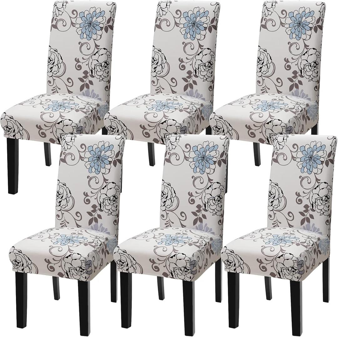 YISUN Dining Chair Covers, Stretch Spandex Chair Seat Cover Removable Washable Parson Chair Cover Kitchen Chair Protector Slipcovers (Beige/Bule, 6)