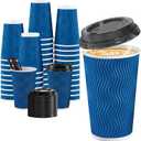 SIUQ 16 oz Coffee Cups-90 Pack Disposable Coffee Cups with Lids and Straws, Insulated Ripple Wall To Go Paper Coffee Cup for Coffee, Hot Chocolate and Hot Tea Drinks - Navy