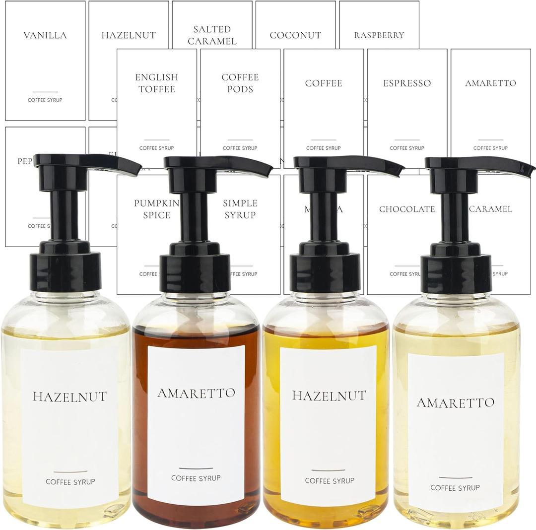 4 Pieces Coffee Syrup Dispenser Bottle 300ml PET Black Pump Bottles with Labels for Coffee Bar Organization