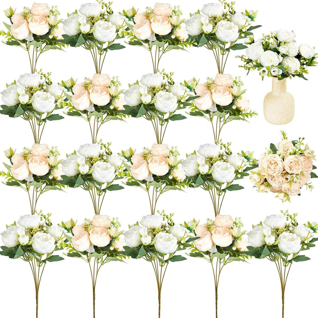 Jexine 24 Bundles Silk Artificial Peonies Flowers Faux Peony Bouquet Fake Peonies Artificial Flowers Bouquets for Vase Floral Arrangements Wedding Home Table Decoration (White, Champagne)