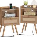 SUPERJARE Nightstands Set of 2, Night Stands with Charging Station & PE Rattan Decor Drawer, Bed Side Tables with Solid Wood Feet, End Table, for Bedroom, Living Room, Walnut