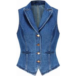 Ladyful Lapel Denim Vest for Women Sleeveless Business Work Jean Waistcoat Vest (Large, B-medium Blue)