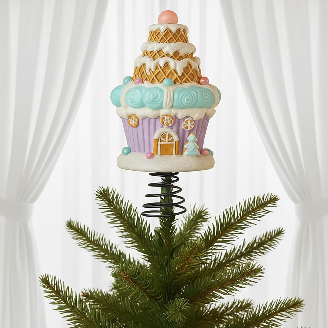 5.5 Inch Gingerbread House Tree Topper Candy Christmas Tree Topper Christmas Pastel Cupcake Decorations Pink Xmas Gingerbread Ornaments 3D Attachment Gift for Home Festive Party Decor