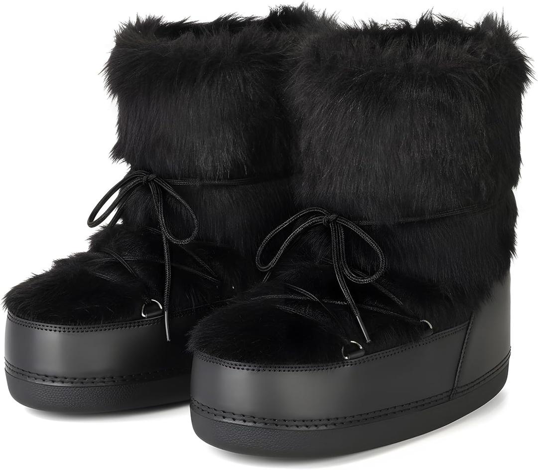 Women's Faux Fur Snow Boots for Women Warm Winter Fluffy Boots Fuzzy Comfortable Shoes (8, Black)