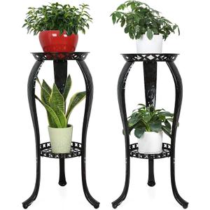 Ufine 2 Tier Metal Plant Stand Indoor Outdoor Iron Art Flower Pot Holder Tall Plant Display Rack for Corner Porch 2-Pack, Black