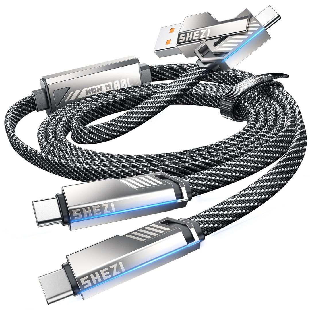 SHEZI 100W USB C Multi Charging Cable, 5FT 4-in-1 USB A to Dual USB C Cable Fast Charging, Nylon Braided Multiple Charger Cord with Type C for iPhone 16 15 MacBook Samsung