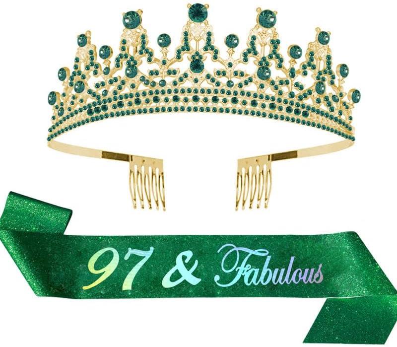 Green Happy Birthday Party Supplies Sash and Crystal Tiara for Mom Aunt Nana Sister Women Gifts