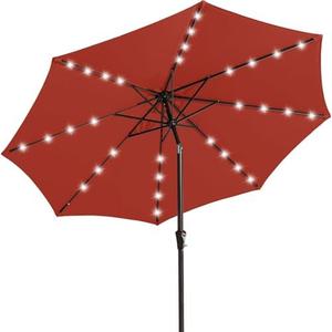 JEAREY 9FT Outdoor Patio Umbrella with Solar Lights, LED Lighted Pool Umbrella with Tilt and Crank, Outdoor Table Umbrellas for Deck, Yard & Market (Red)