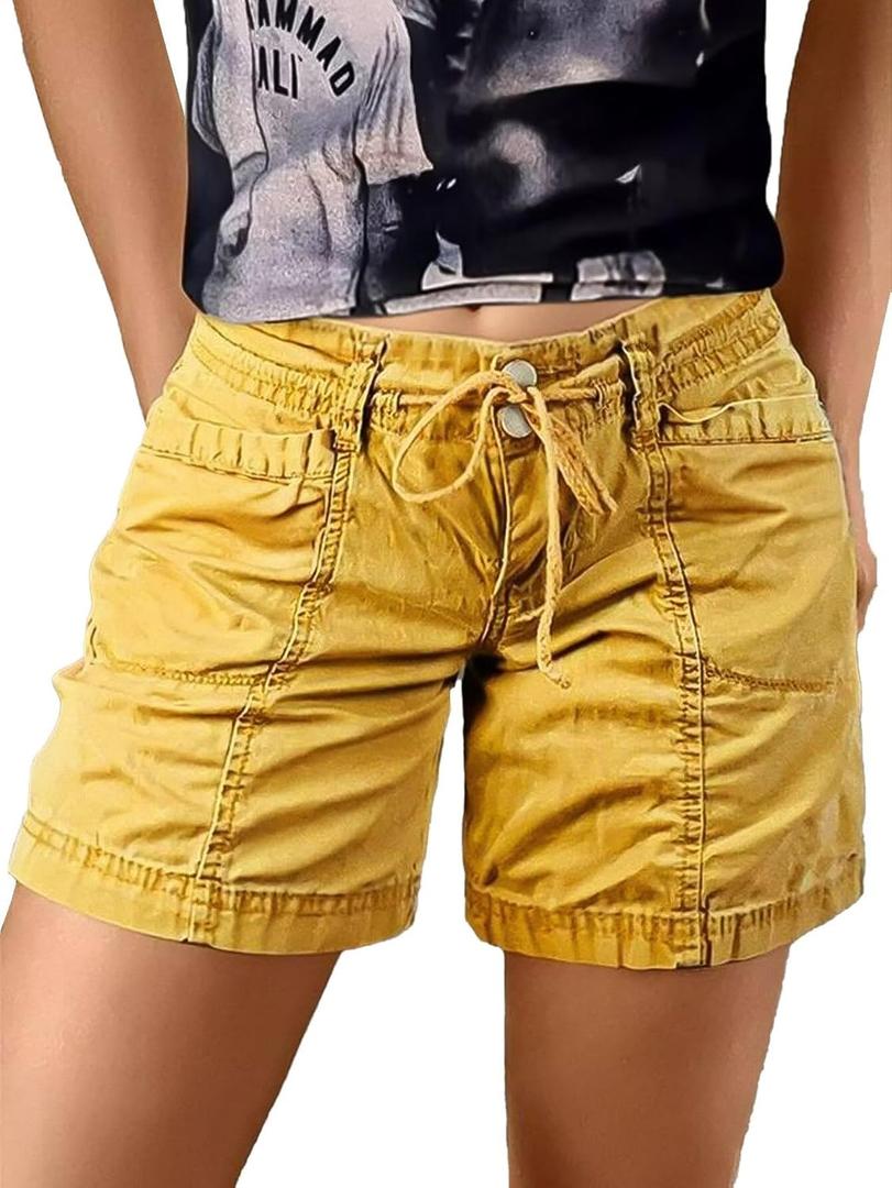 Flamingals Low Waist Shorts for Women Casual Chic Drawstring Dual Button Stitch Detail Shorts Yellow L