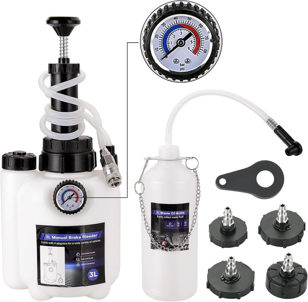 DASBET 3L Manual Brake Bleeder Kit  Professional One-Person Brake Bleeding Fluid Pump with 1L Fluid Bottle & 4 Master Cylinder Adapters, Ideal for Brake and Clutch Maintenance on Most Vehicles