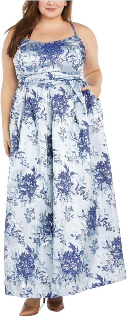 Juniors Long Floral Brocade Ball Gown W/Spaghetti Straps & Cut Out Back (18 Plus, Blue)