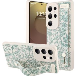 OOK Compatible with Samsung Galaxy S25 Ultra Silicone Phone Case with Strap, Cute Floral Flower Pattern for Women Girls, Adjustable Finger Strap Kickstand Slim Protective Cover, White Sage Flower