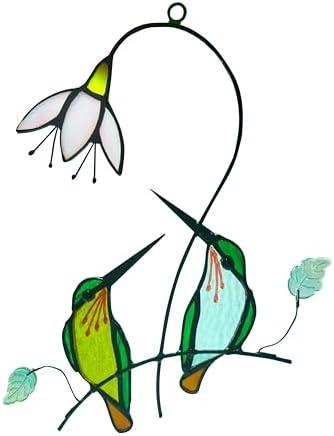 Hummingbird with Flower Stained Glass Suncatcher Bird Stained Glass Window Hangings Hummingbird Gift for Women Home Decor