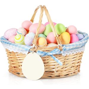 Leinuosen Easter Basket Wicker Picnic Basket with Wooden Egg Cutout Woven Candy Storage Gift Wine Baskets with Handle for Easter Egg Gathering Outdoor Camping Wedding Birthday Party Supplies (Blue)