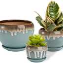 Lyellfe Set of 3 Ceramic Plant Pots, Planter Pot with Drain Hole and Connected Saucer, 7/5 / 4 Inch Decorative Flower Pots for Indoor Outdoor, Balcony, Office, Apple Shape