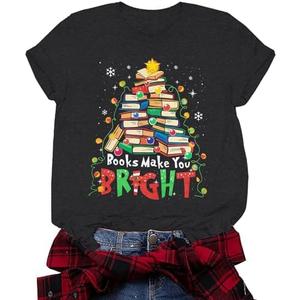 Christmas Shirts for Women Christmas Books Tree T-Shirt Santa Holiday Short Sleeve Tops Xmas Graphic Print T Shirt, Size S