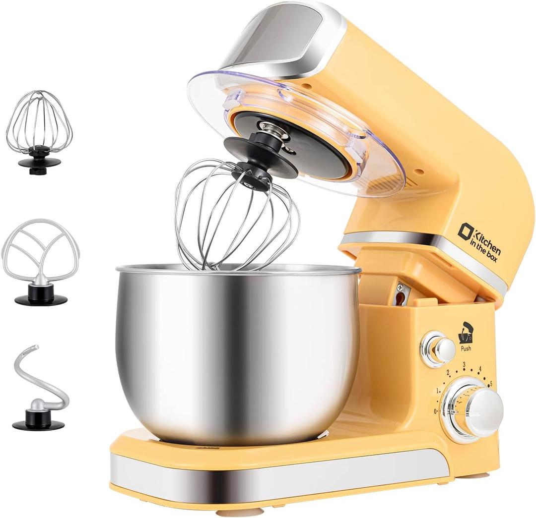 Kitchen in the box Stand Mixer,3.2Qt Small Electric Food Mixer,6 Speeds Portable Lightweight Kitchen Mixer for Daily Use with Egg Whisk, Dough Hook, Flat Beater (Yellow)