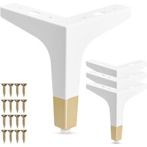 La Vane 4 Inch Metal Furniture Legs, Set of 4 - Modern Diamond Triangle White/Gold DIY Replacement Feet Corner Legs for Cabinet, Sofa, Sideboard, Couch, Dresser Makeover